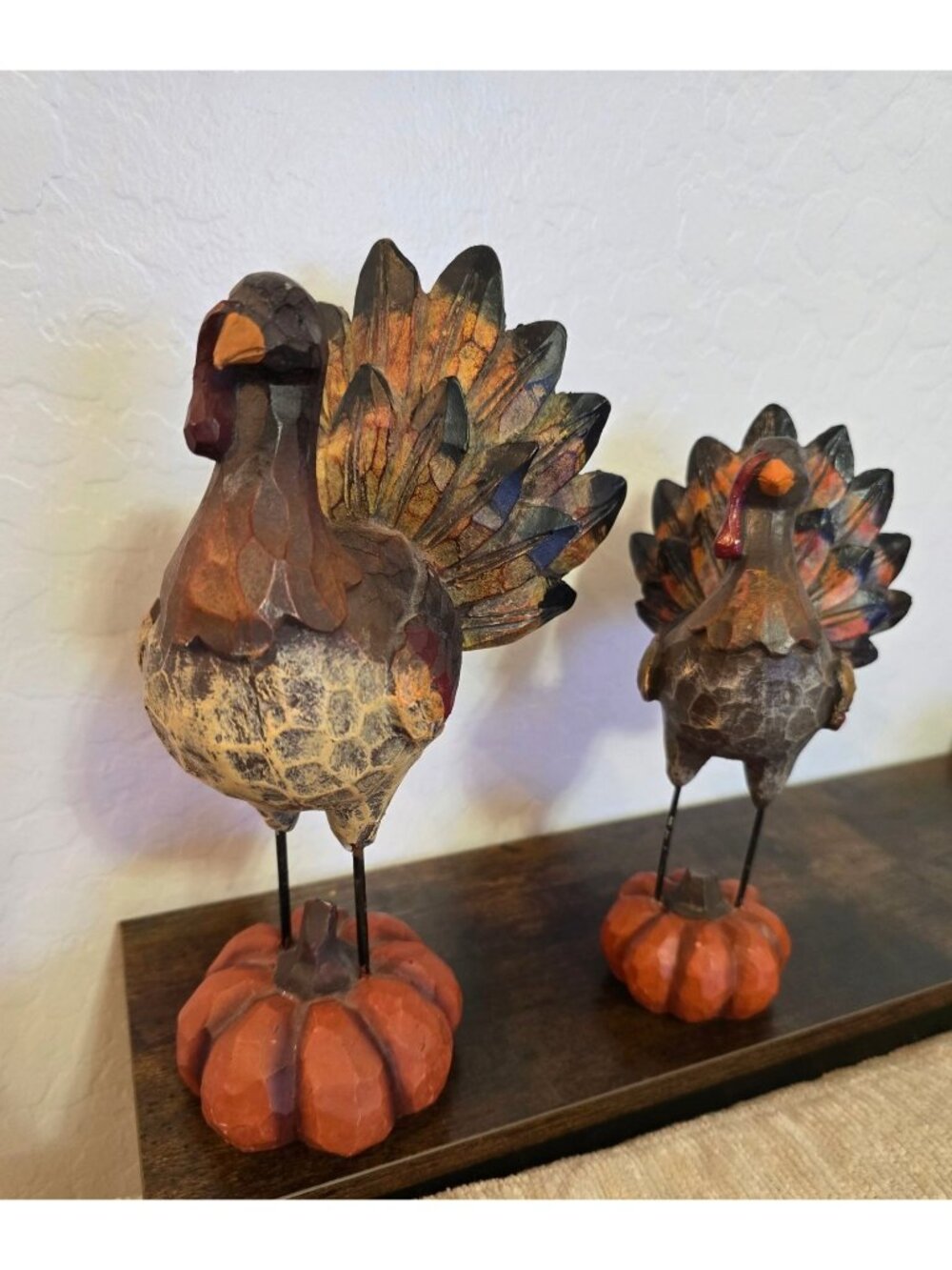 Set of 2 Turkey Figurines On Pumpkin Bases Fall Harvest Thanksgiving - Picture 2 of 15